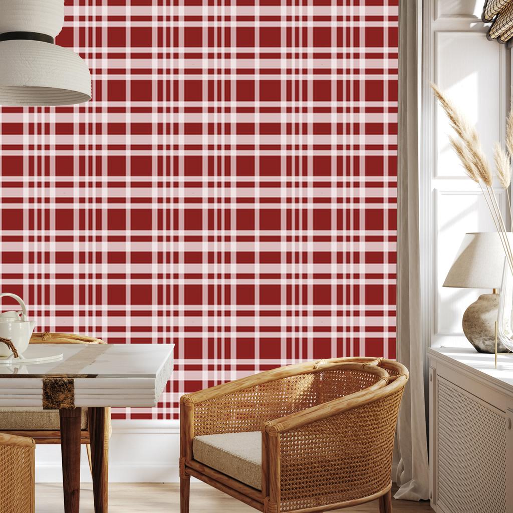Red Checkered Wallpaper in Red, Coral, White, and Light Gray 50x1000