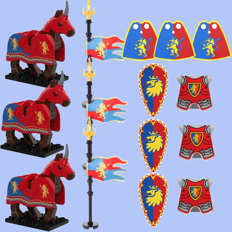 MOC Medieval Building Blocks Character Accessories Shields Armor Vests Warhorses Flags Set Mounts Toy Gifts Compatible Bricks