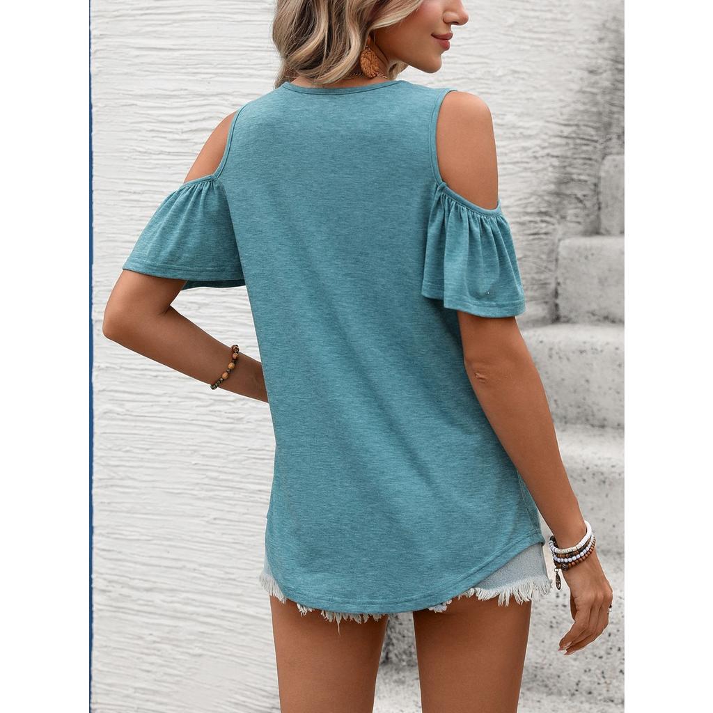 Spring Summer New Solid Color V-neck Off-shoulder Ruched Loose Short Sleeve T-shirt Top For Amazon Cross-border Trade