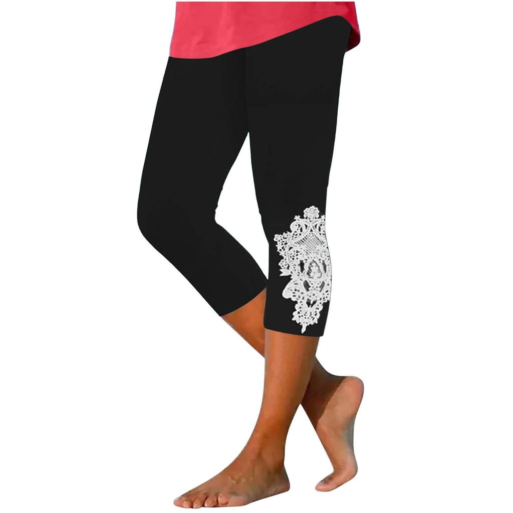 Damen Capri-Leggings mit Spitzenbesatz Verkürzt Dehnbar Schlank geschnitten Weicher atmungsaktiver Stoff für den täglichen Gebrauch