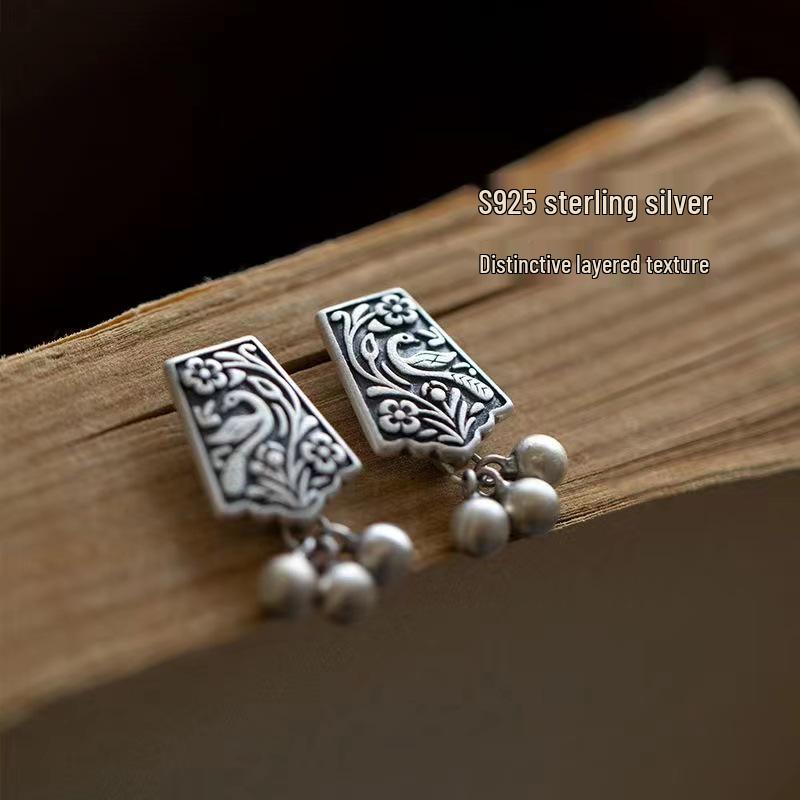 

S925 Silver Retro Phoenix Flower Bowknot Tassel Earrings for Women S925 Silver