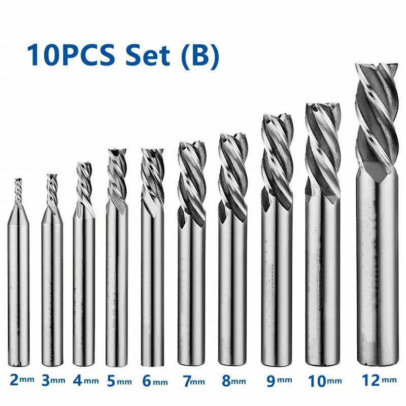 10PCS Set Combined HSS End Mill 4 Flutes High Speed Steel Milling Cutter 1.5mm - 12mm CNC Metal Milling Tools Set