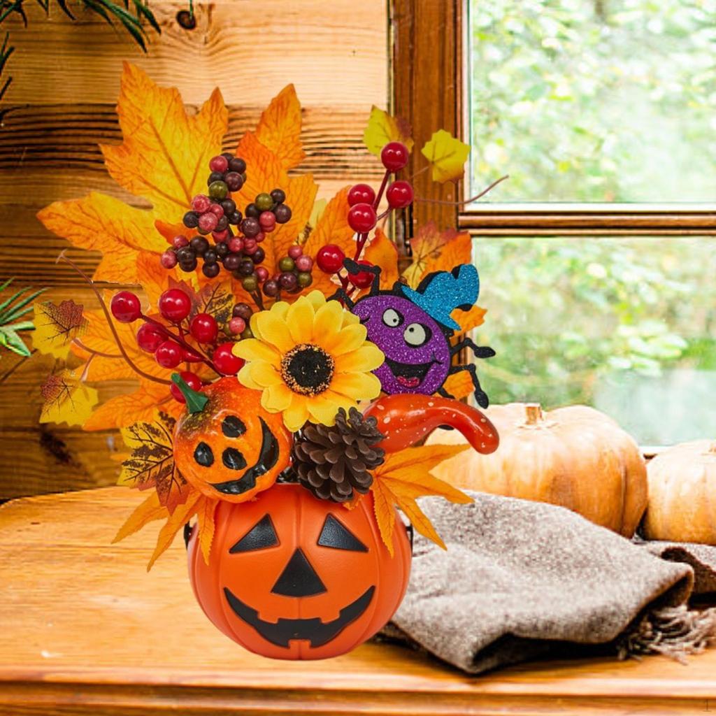 Künstlicher Kürbis Halloween Dekoration Tischaufsatz Ahornblätter Beerenblüten für Herbst