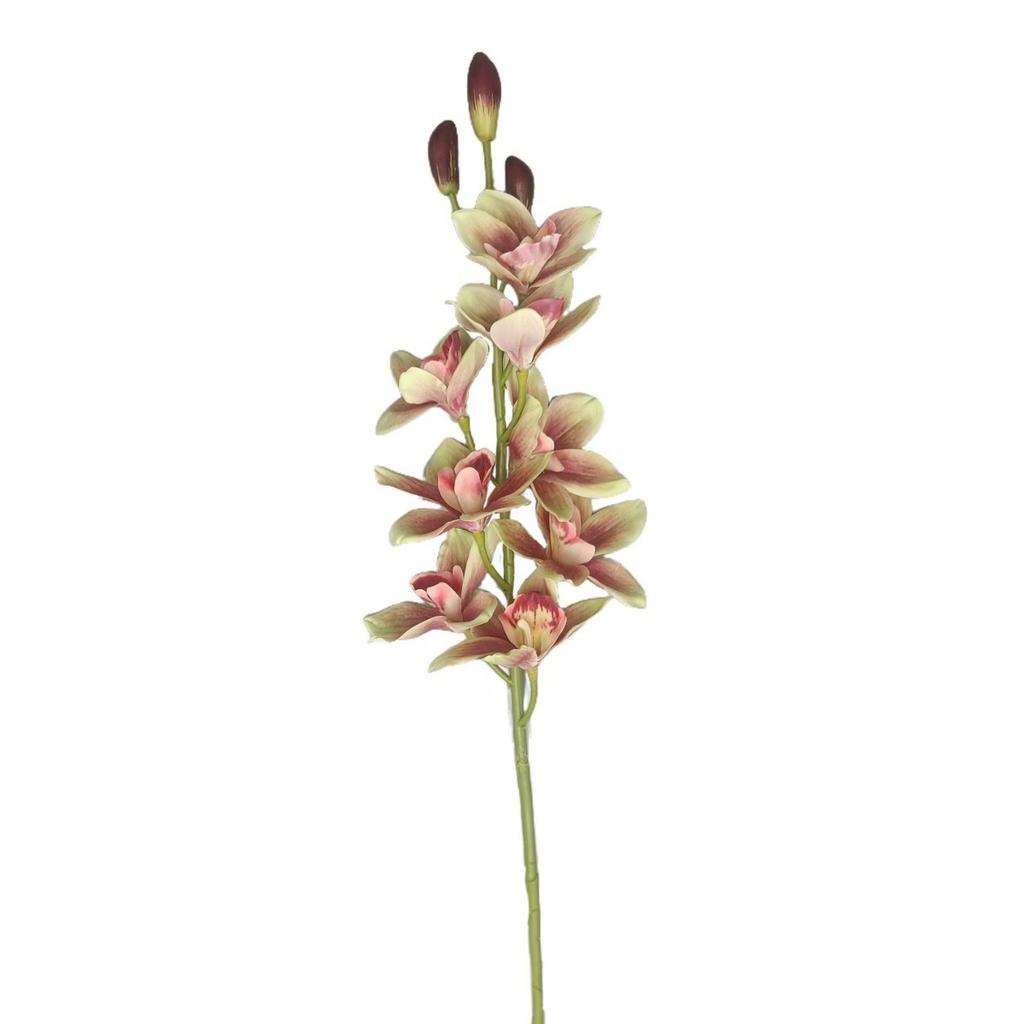 Gelber Künstlicher Cymbidium-Orchideenstiel, Kunstorchidee mit Blüten & Knospen, Kunstblume für Heimvasendekor