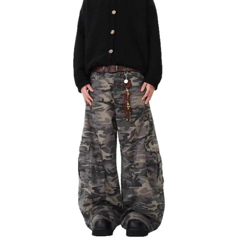 Jeans Cargo Unisex Vestibilità Rilassata Con Stampa Mimetica Strappati Gamba Larga Denim Streetwear