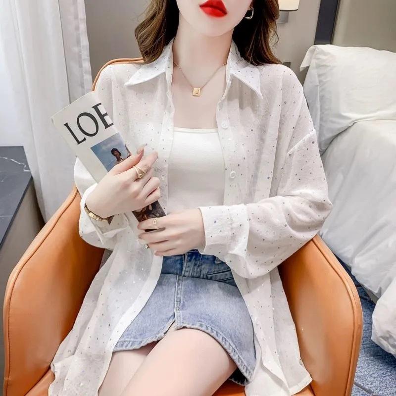 

Hong Kong Style Women s Sun Protection Shirt: New Summer Arrival, Hot Drilling Star Pattern, Loose Fit, Breathable Mid-Length Top XXS білий