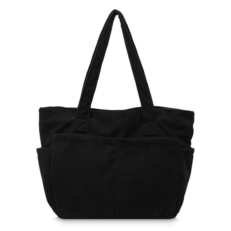 

[MT s SHOP] tote bag ladies large capacity lightweight corduroy canvas Plain color side pocket Shoulder bag handbag mothers SH396 (black)