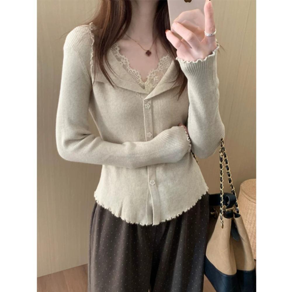Women Spring Autumn French Style Knit Top Lace Patch Ruffle Lapel Fake 2‑piece Long Sleeve Elegant Slim Knitwear Pullover Blouse