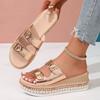 Summer new large size open-toe belt buckle thick-bottomed cool slippers women's slope heel rivet muffin bottom one-word slippers