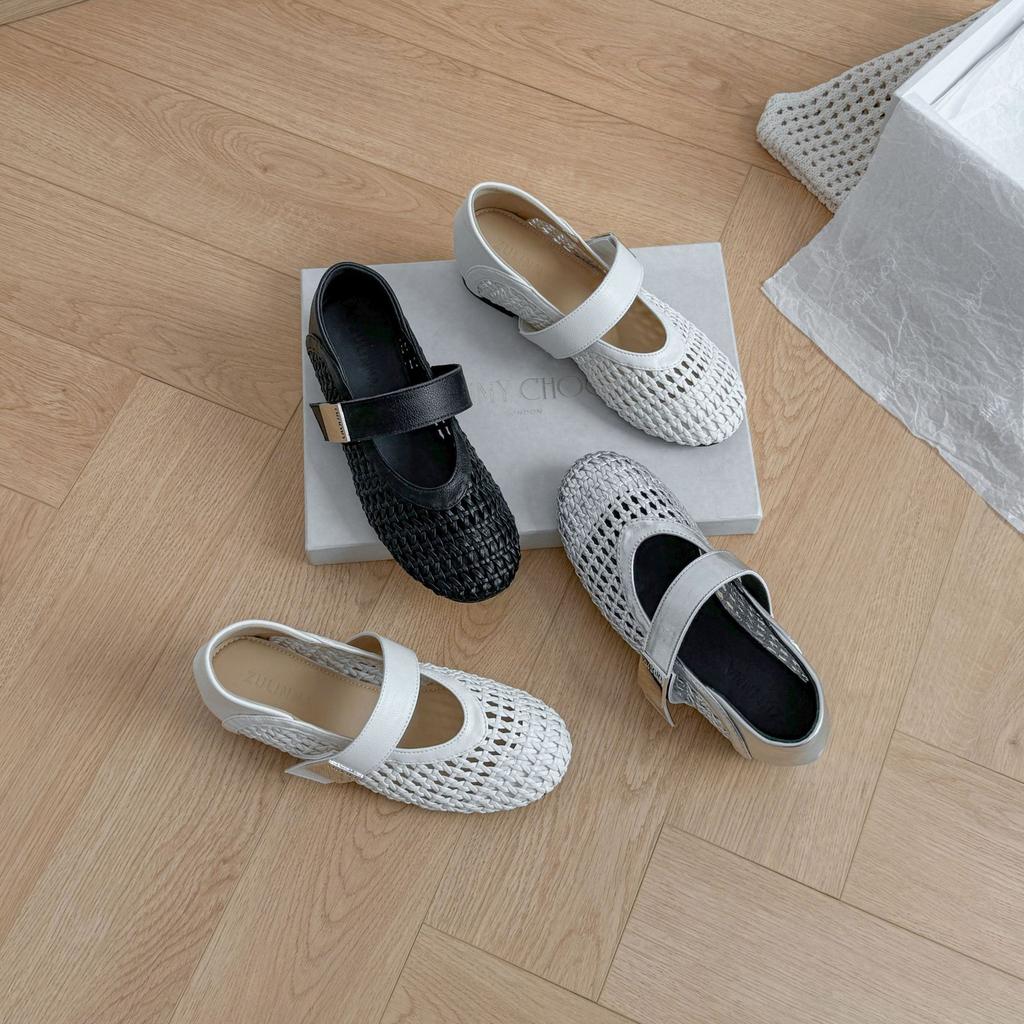 5Cm inner height increase 2025 summer new fashion woven hollow one word with versatile soft sole shallow mouth single shoes