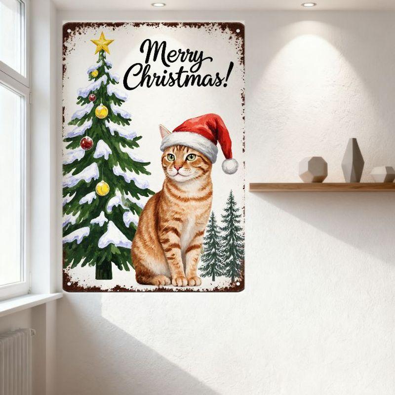 Vintage Christmas Metal Sign Rustic Aged Border with Tree, Cat & Snowy Scene, 'Merry Christmas!' Text Wall Decor for Home Cafe B