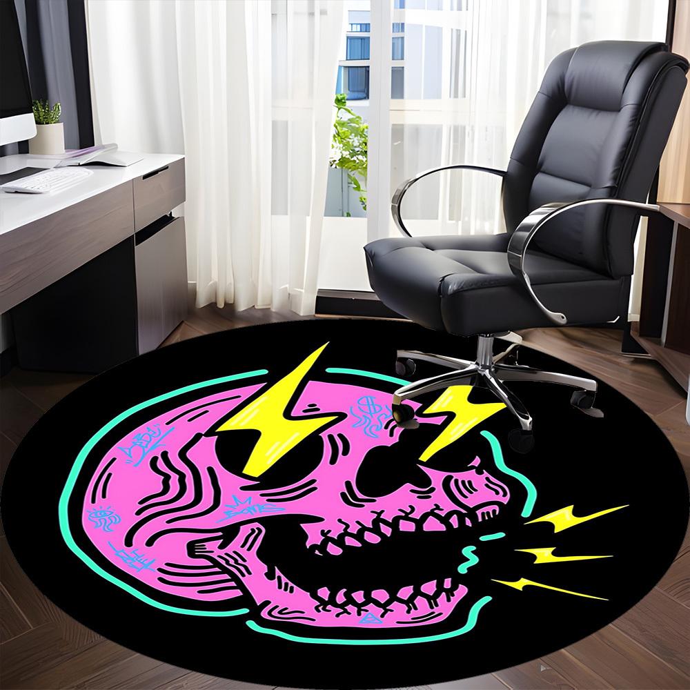 1pc Skull Lightning Office Round Area Rug,  Mat Suitable For Office, Under Office Chairs Bedroom Living Room Home Decor, Room Deco