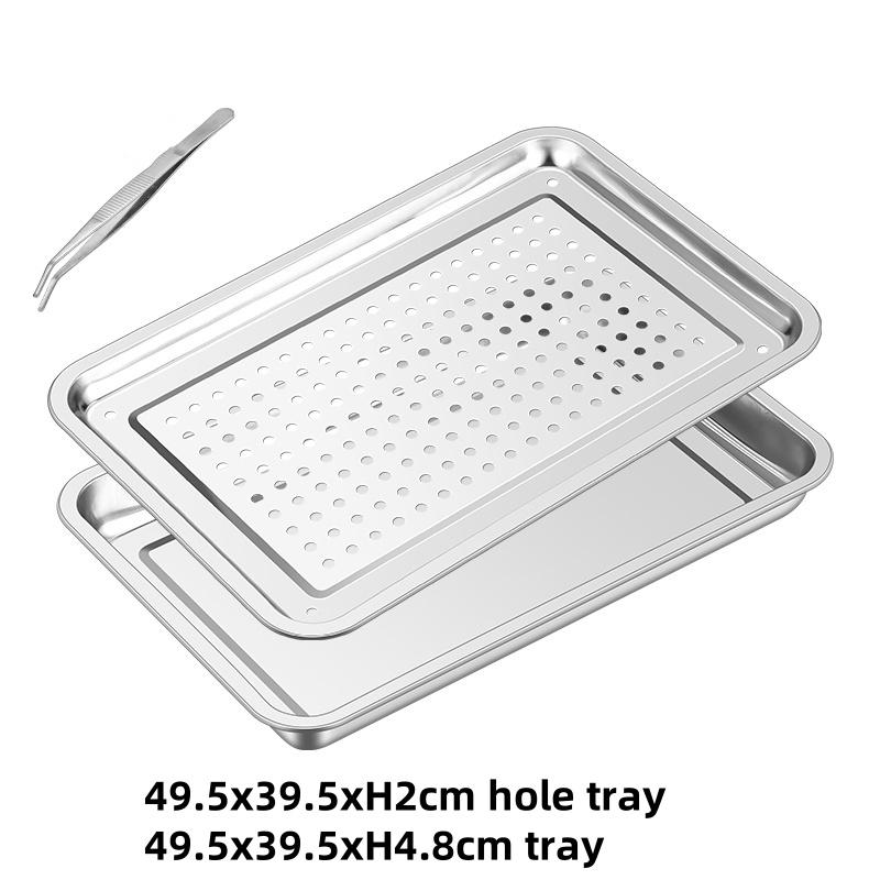 Stainless Steel Rectangle Dinner Tea Tray Double 2 Layer Dumpling Oil Leaking Hole Basin Steaming Draining Hole Plate with Basin