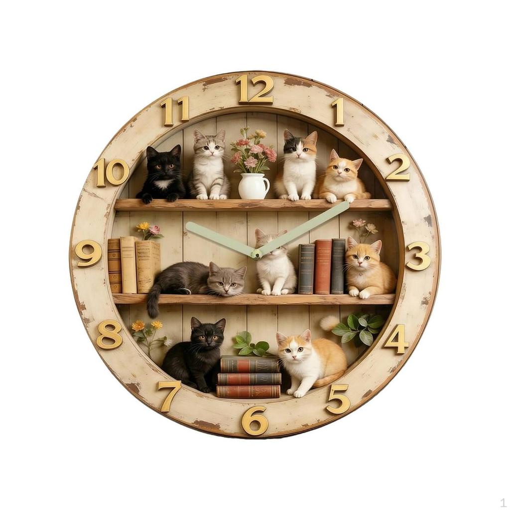 Katzenmotiv Wanduhr Holzoptik mit arabischen Ziffern Rustikal für Buchliebhaber, Wohnzimmer,
