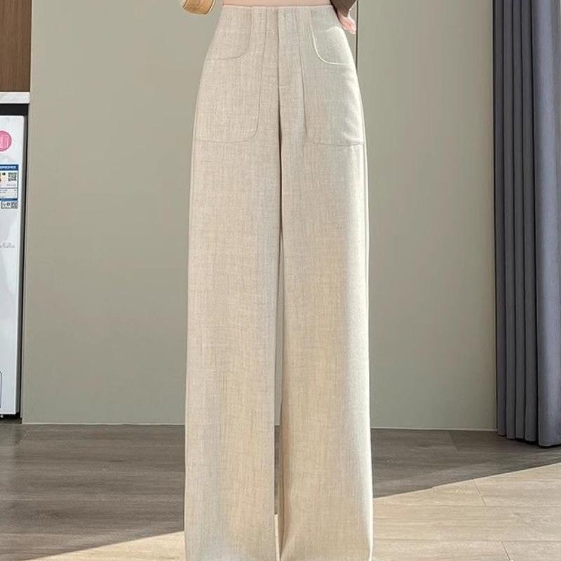 Beige Gray Faux Linen Narrow Wide Leg Pants Women's Spring Summer High Waist Drape Slimming Casual Straight Floor Length Pants