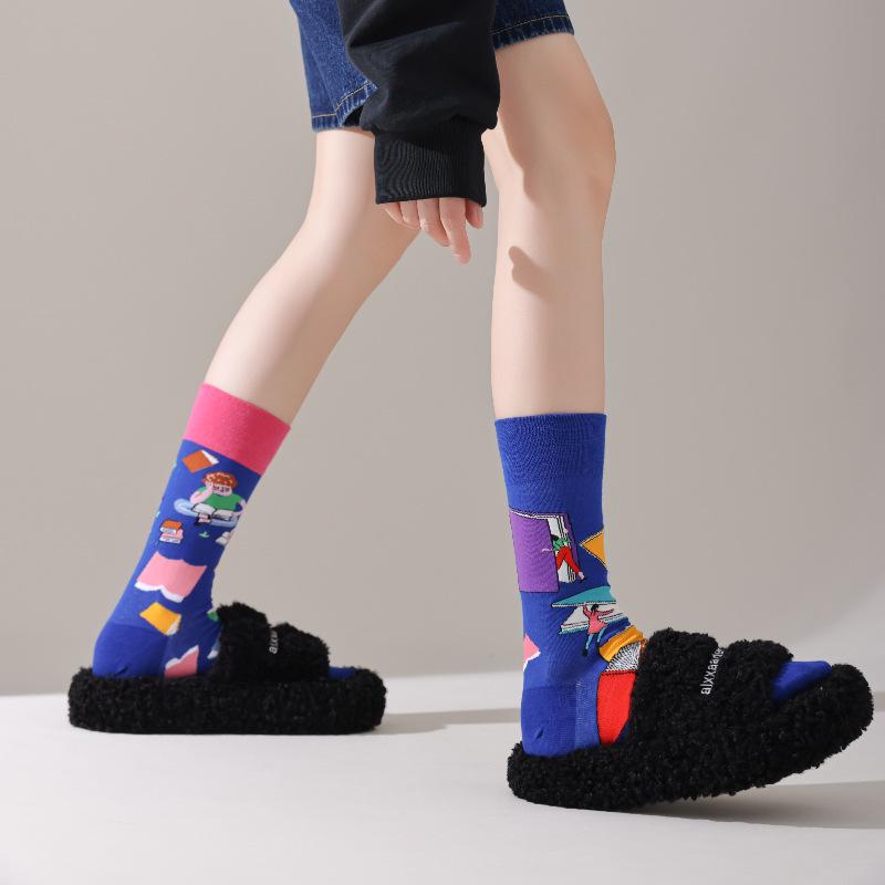 Unisex A/B Style Asymmetrical Cartoon Mid-Calf Cotton Socks