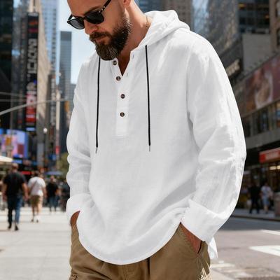 New Spring and Autumn  Loose Linen Men's Breathable Hooded Long-sleeved Beach Henley Collar Shirt