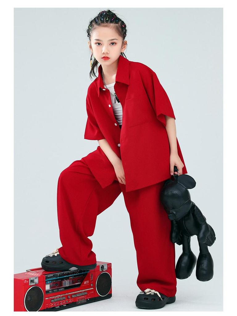 Children's Trendy Street Dance Outfit - Loose Pants and Shirt Set for Boys and Girls Jazz Performance.
