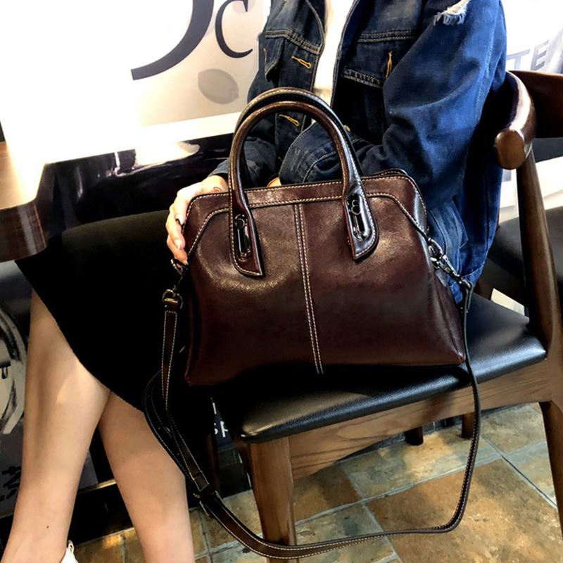 Genuine Leather Women Handbag Top Handle Shoulder Cross Body Bag Fashi Oil Wax Cowhide Purses and Handbags Messenger Tote Bags