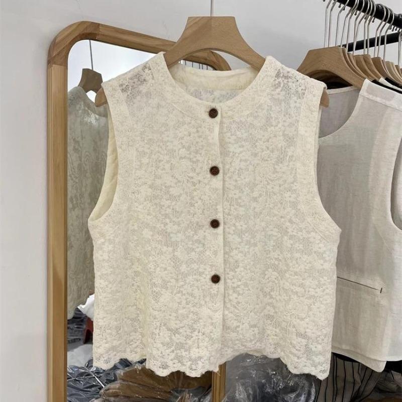 

Summer new sweet lace hollow sleeveless vest women s single-breasted loose temperament waistcoat cardigan top S абрикосовий