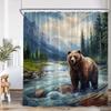 Brown Bear Animal Print Shower Curtain Forest Scenery Snow Mountain Stream Natural Landscape Polyester Bath Curtain With Hook