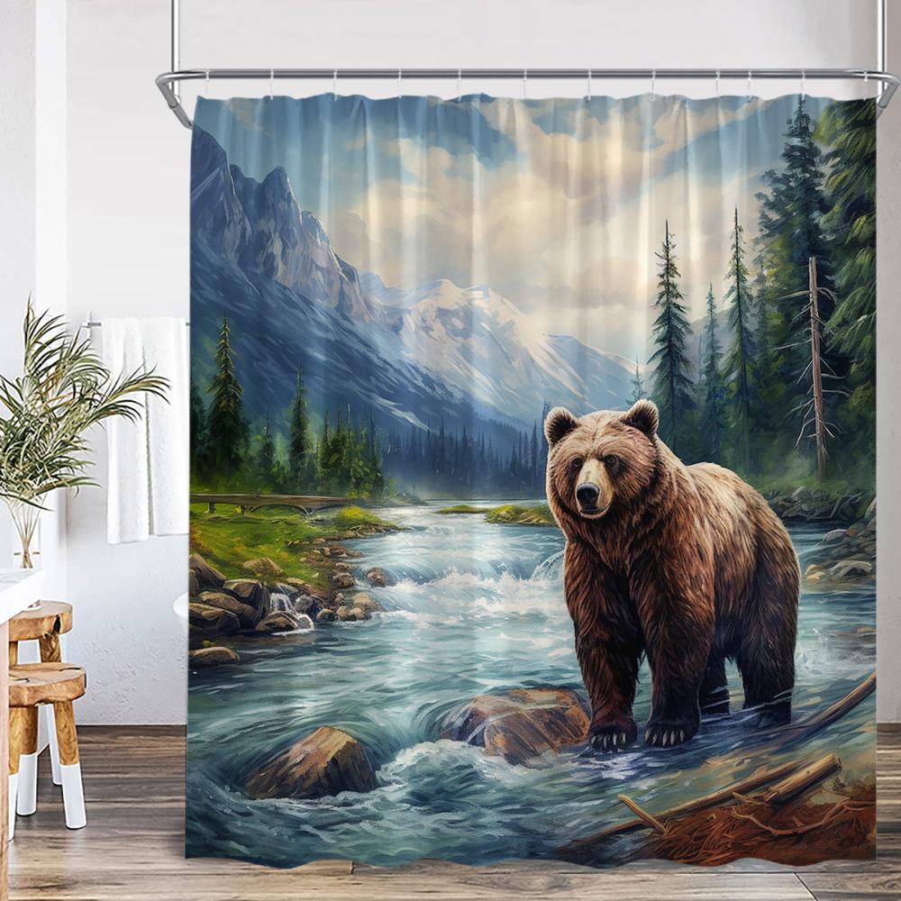 Brown Bear Animal Print Shower Curtain Forest Scenery Snow Mountain Stream Natural Landscape Polyester Bath Curtain With Hook