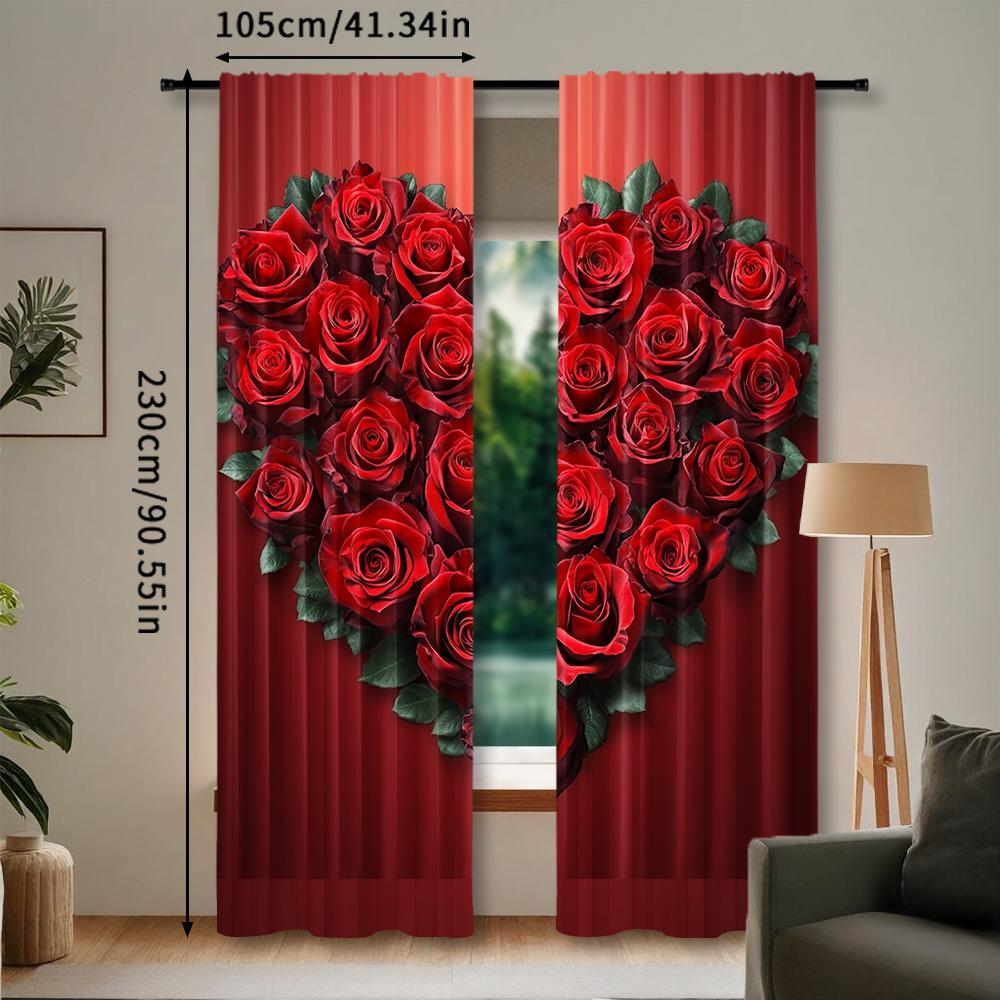 2Pcs Polyester Red Rose Valentines Printing Window Curtains Birthday Party Decoration Backdrop Drapes for Living Room