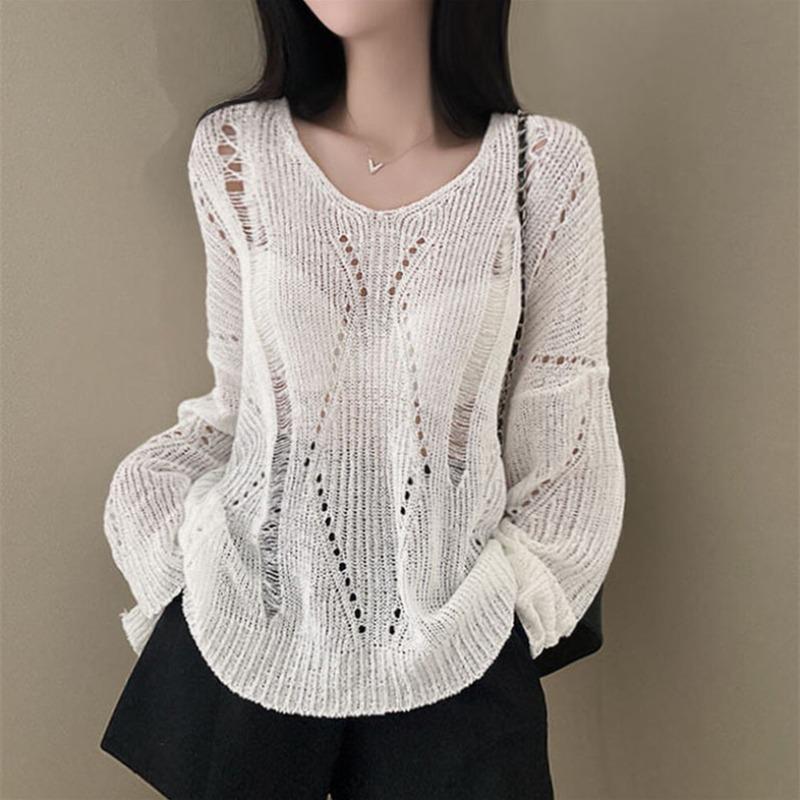 Fashion Thin Long Sleeved Knitted V-neck Women Shirt Loose Solid Color Hollow Out Blouse Casual Simple Covers Up Office Top Women Clothing