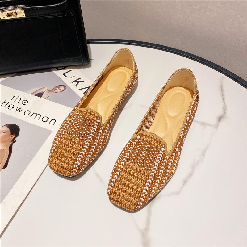 New spring and autumn flying woven single shoes Doudou woven flat bottom square head women's ladyshoes