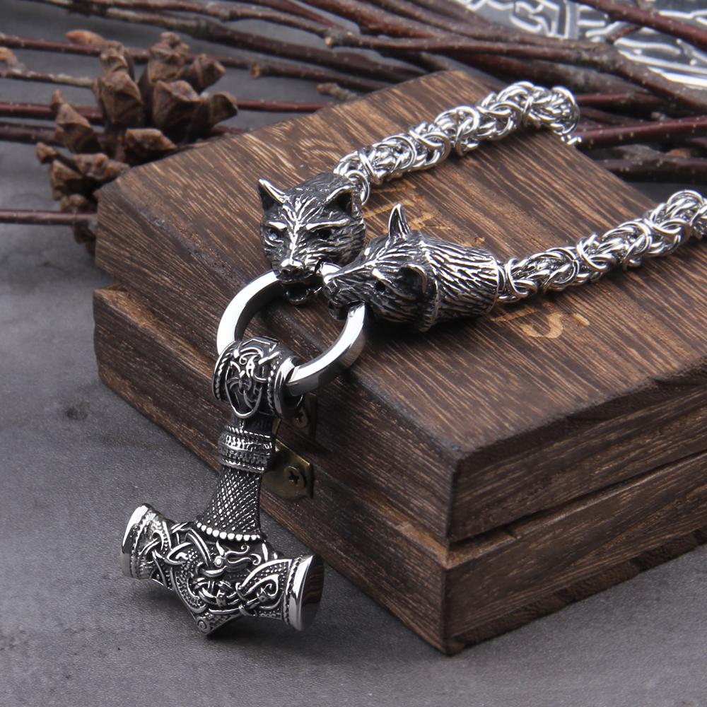 Stainless Steel Wolf Head Thor Hammer Mjolnir Viking Necklace Handmade Chain with Wooden Box Gift for Boyfriend