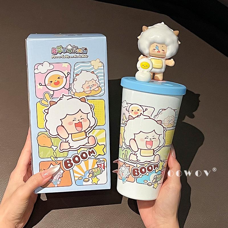 

Lazy sheep stainless steel straw thermos cup, special water cup for students to go to school, girls 2025 new high-value cup 635ml синій
