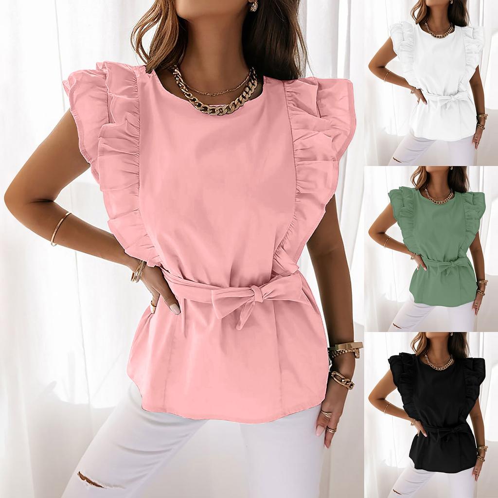 Summer Women's Round Neck Cutout Trim Ruffle Ruffle Lace Cuff Solid Color Short Sleeve Button Down Casual T-Shirt