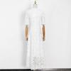 Temperament Long Women's Summer V-neck Waist Crochet Hollow French Solid Colour Swing Dress