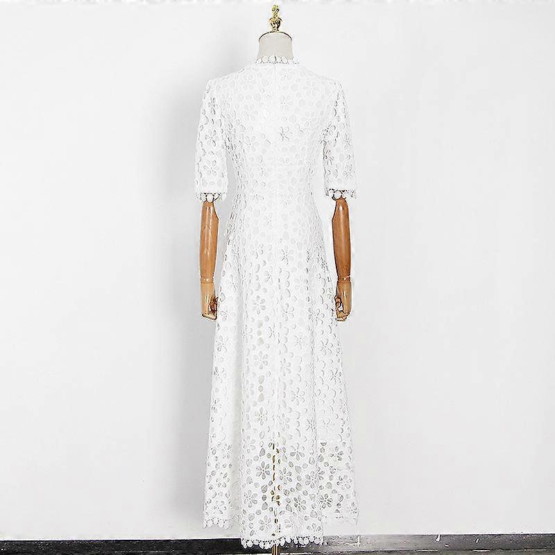 Temperament Long Women's Summer V-neck Waist Crochet Hollow French Solid Colour Swing Dress