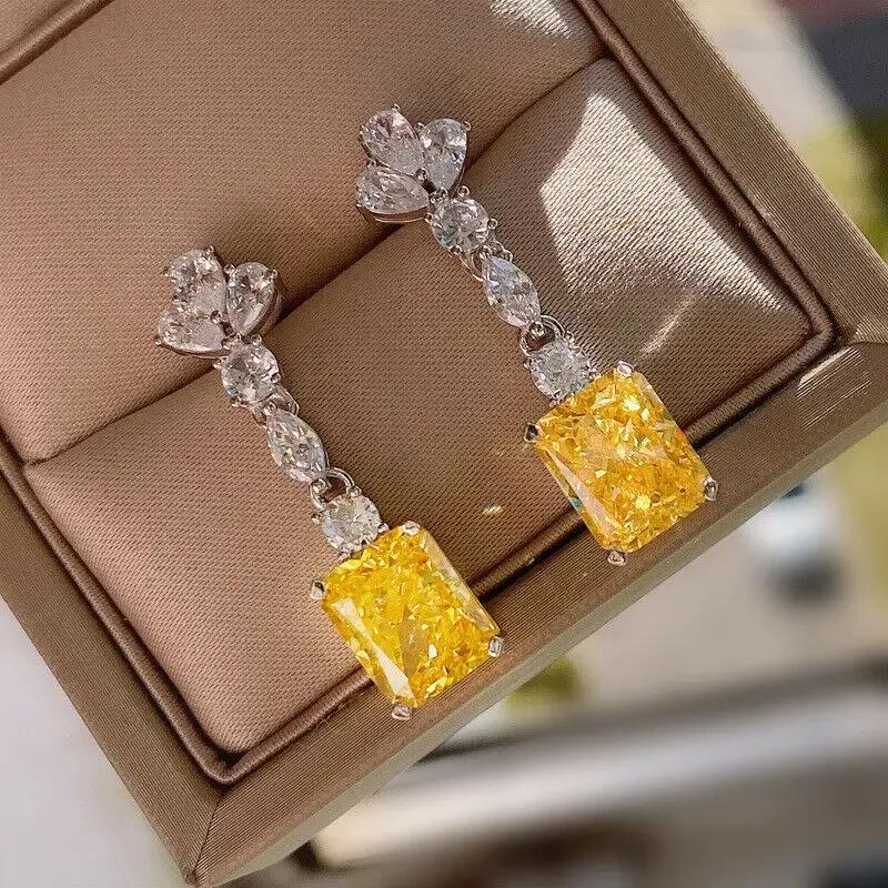 New Simple And Elegant Square Cubic Zirconia Earrings Bling Yellow Cz Dangle  Luxury Women Wedding Engagement Jewelry