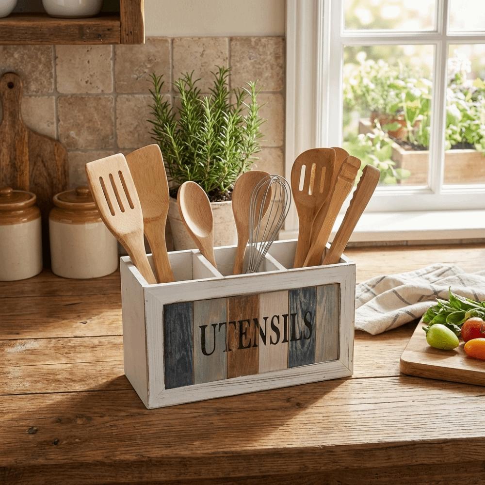 Vintage Solid Wood Storage Box 3 Grids Forks Spoons Box Durable Tableware Storage Box Cabinet