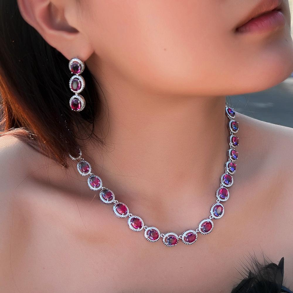 Jewelry Watermelon Tourmaline Wedding Dress Temperament Set Chain Gradual Change Color Stone Earrings Necklace Two Sets