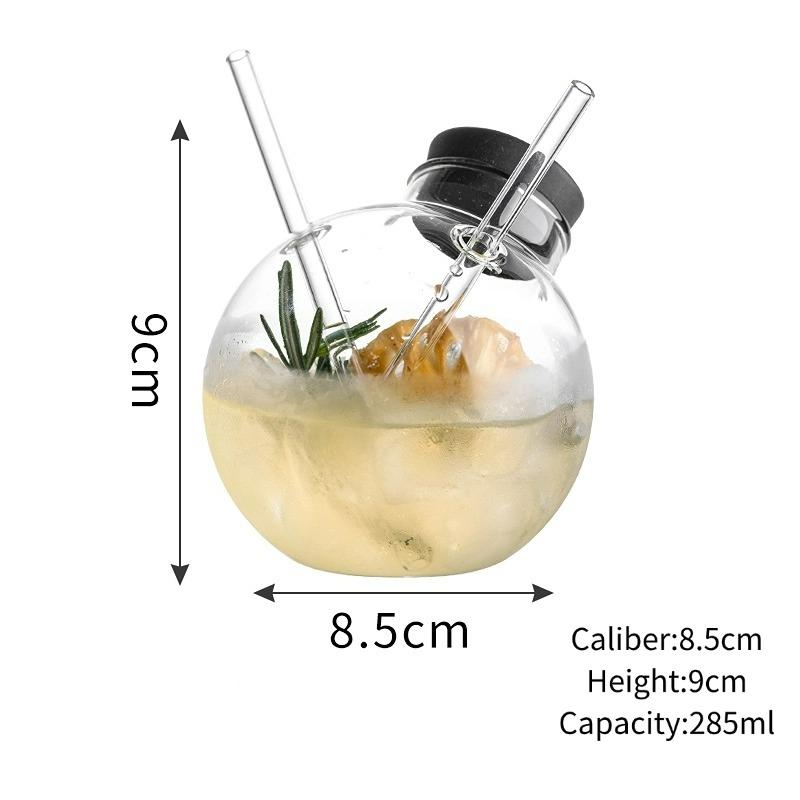 Globe-Shaped Glass Cup,Unique Creative Glass,Molecular Mixology Cocktail Glasses Cups Double-Straw Cup,Beverage Juice Cups 1pc