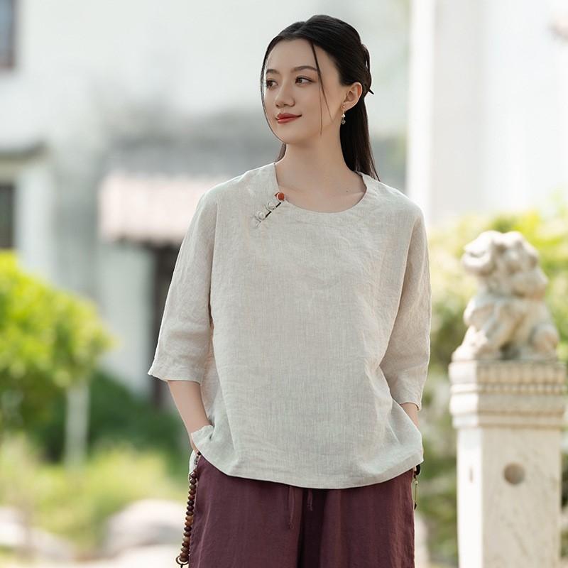 

Johnature Vintage Women T-Shirts O-Neck Half Sleeve Patchwork Button Autumn Solid Color Loose Casual T-Shirt One Size бежевый