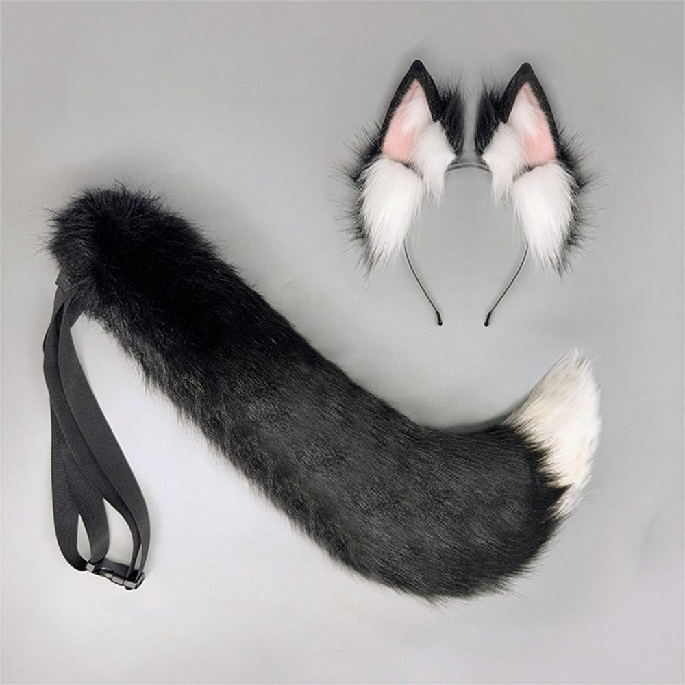 Halloween Flauschiges Fuchs-Ohren & Schwanz Set Plüschtier Ohren Schwanz Kitsune Cosplay Kostüm Zubehör für Anime Convention Party 1 set black