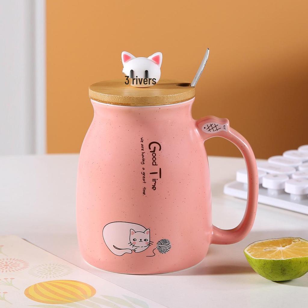 Cartoon Couple Cute Cat Ceramic Mug with Lid and Spoon