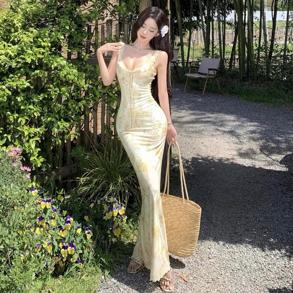Holiday Style Sexy V-neck Floral Suspender Dress Women's Summer Backless Slim Waist Hip Fish Tail Long Skirt