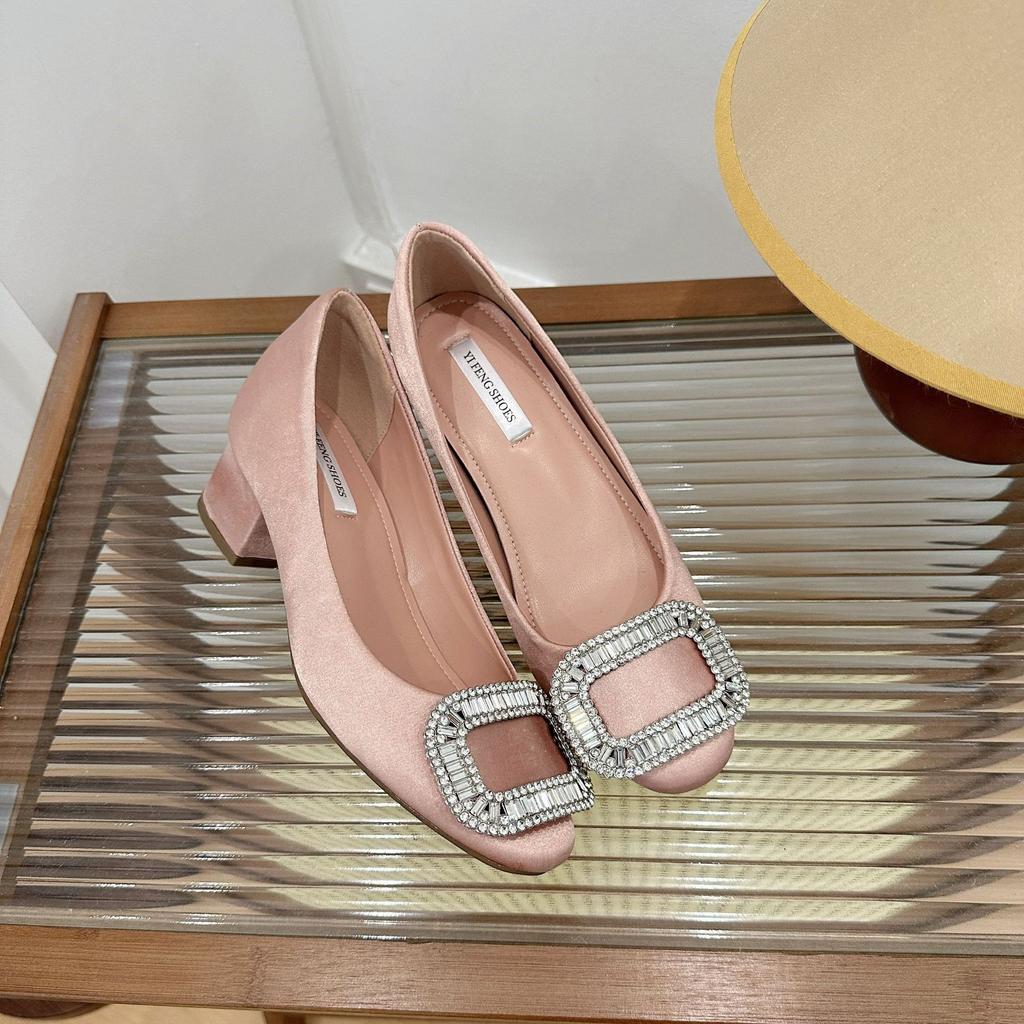 Schafsleder-Version~ innen höhenverstärkende Strasssteine flacher Ausschnitt Leder dicke hohe Absätze Damen Bankett eckige Zehenpartie Einzelne Schuhe