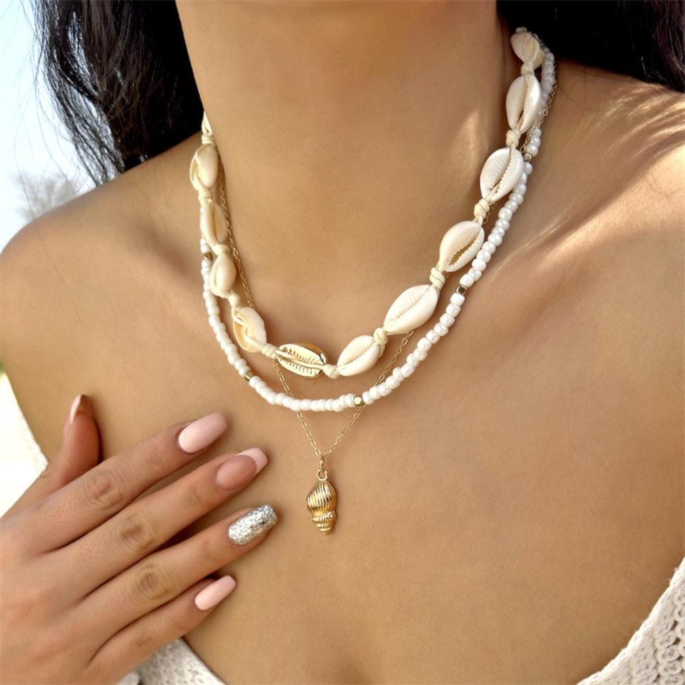 

Pearl Shell Necklace Bohemian Style Sweater Chain Vintage Clavicle Chain Beach Style D