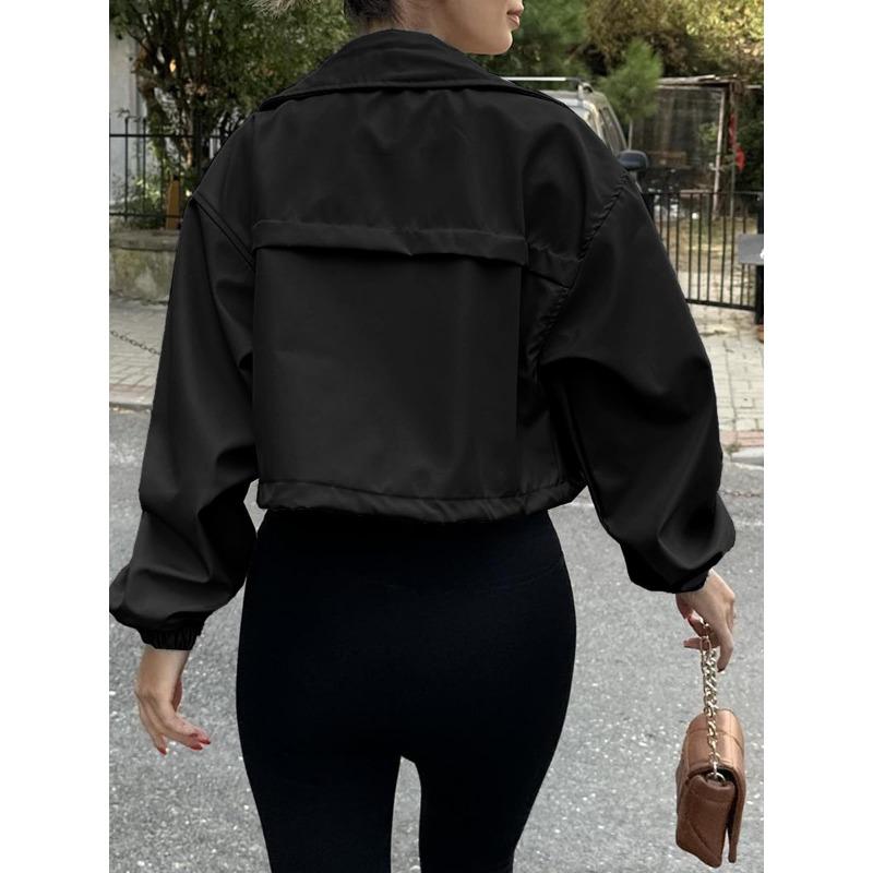 Women's Fashion Casual Solid Color Print Autumn Winter Long Sleeve POLO Neck Jackets  Coats