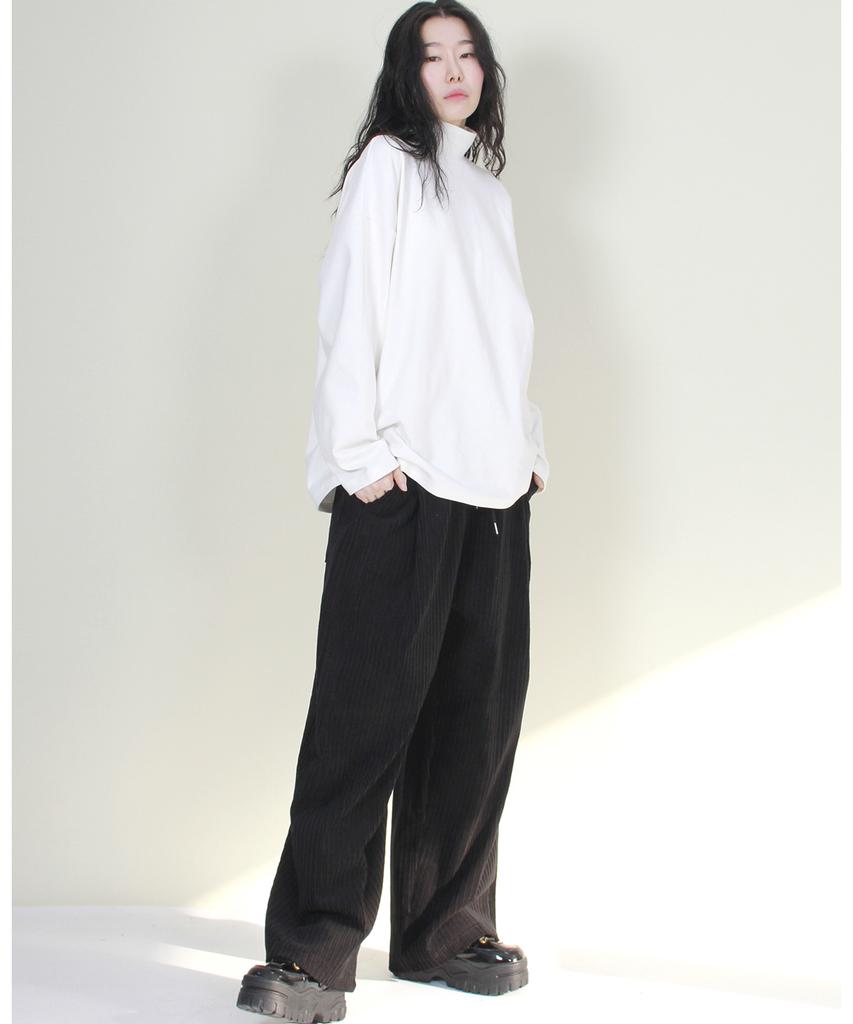 Deumakeu Wide-Fit Corduroy One-Pleat Elastic Pants Black