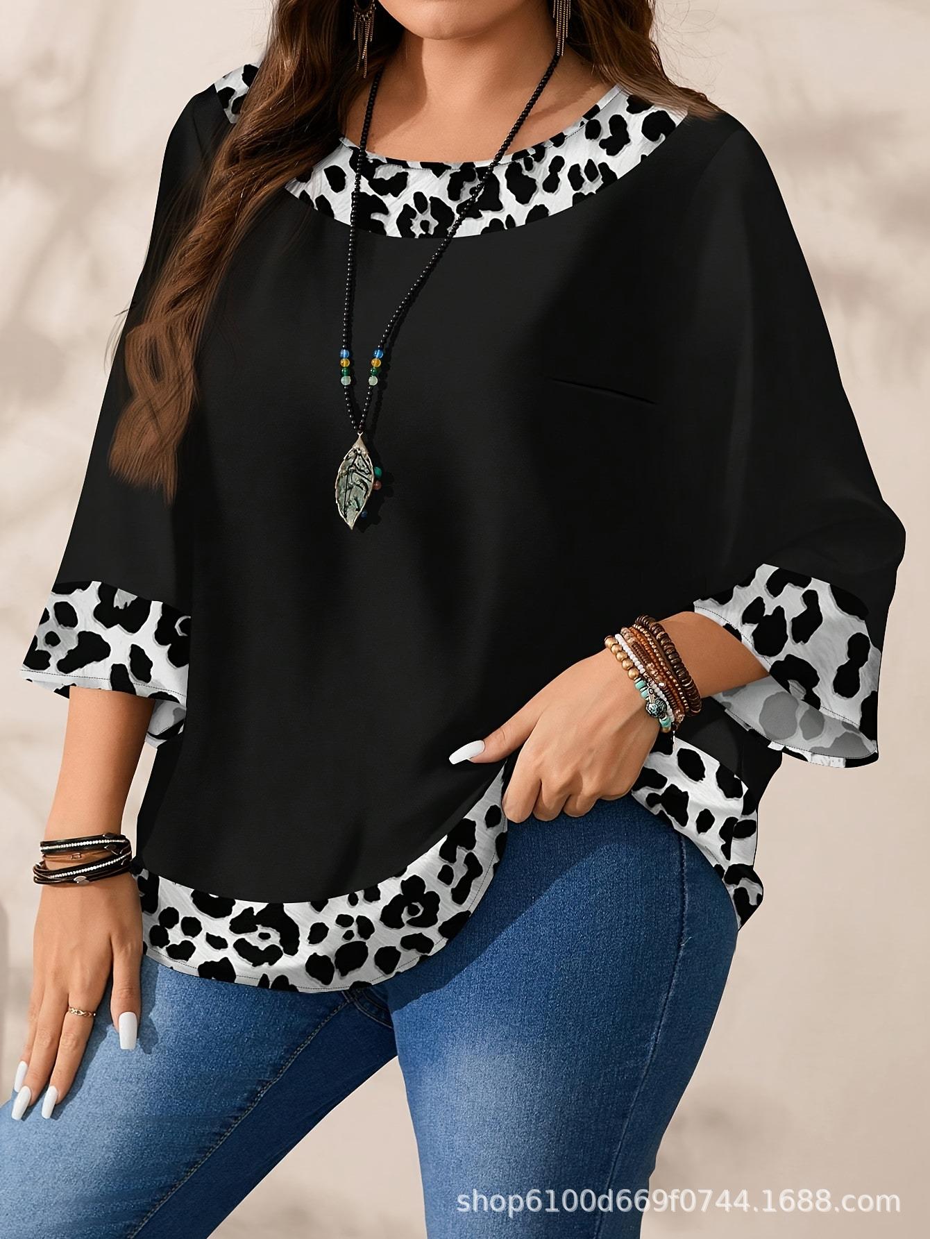 

Plus Size Women s Leopard Print Patchwork T-shirt for Spring & Autumn M темно-коричневого кольору