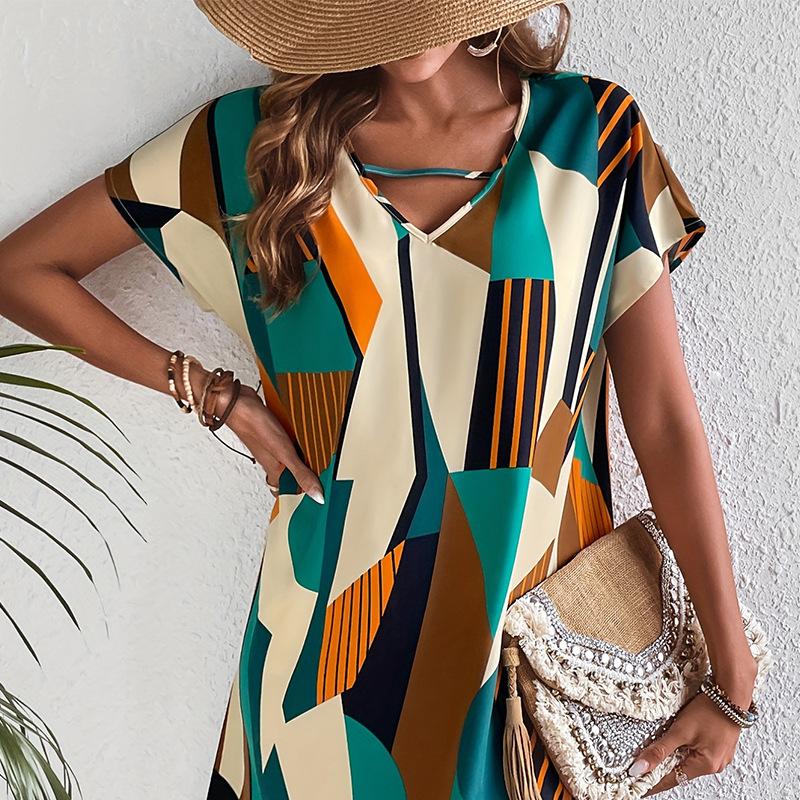 YYFS Women's Fashion Summer Spring Colour Block Print  Short Sleeve V-Neck Loose Waistline Casual Dresses