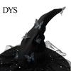 Witch Hat for Halloween Costume Women, Large Glitter Sequins Mesh Wizard Decorative Party Cosplay with Butterfly Accessory, Elegant Curved Brim