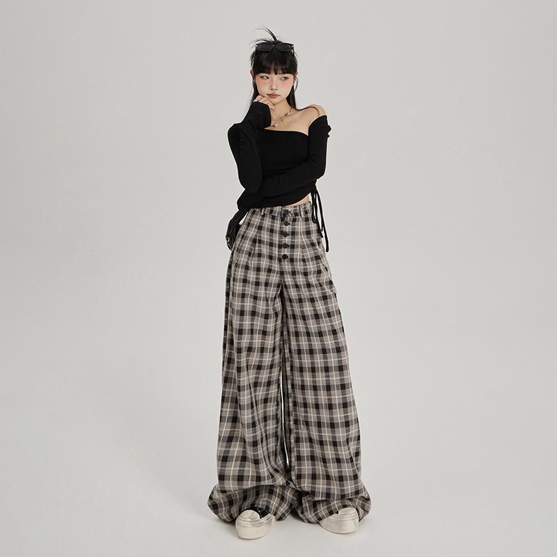 Women's High Waist Plaid Wide-Leg Casual Pants - Autumn Button-Down Style